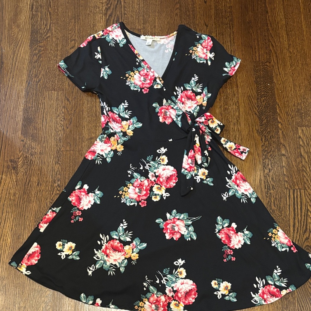 Black Floral Wrap Dress with Pink & Yellow Blooms